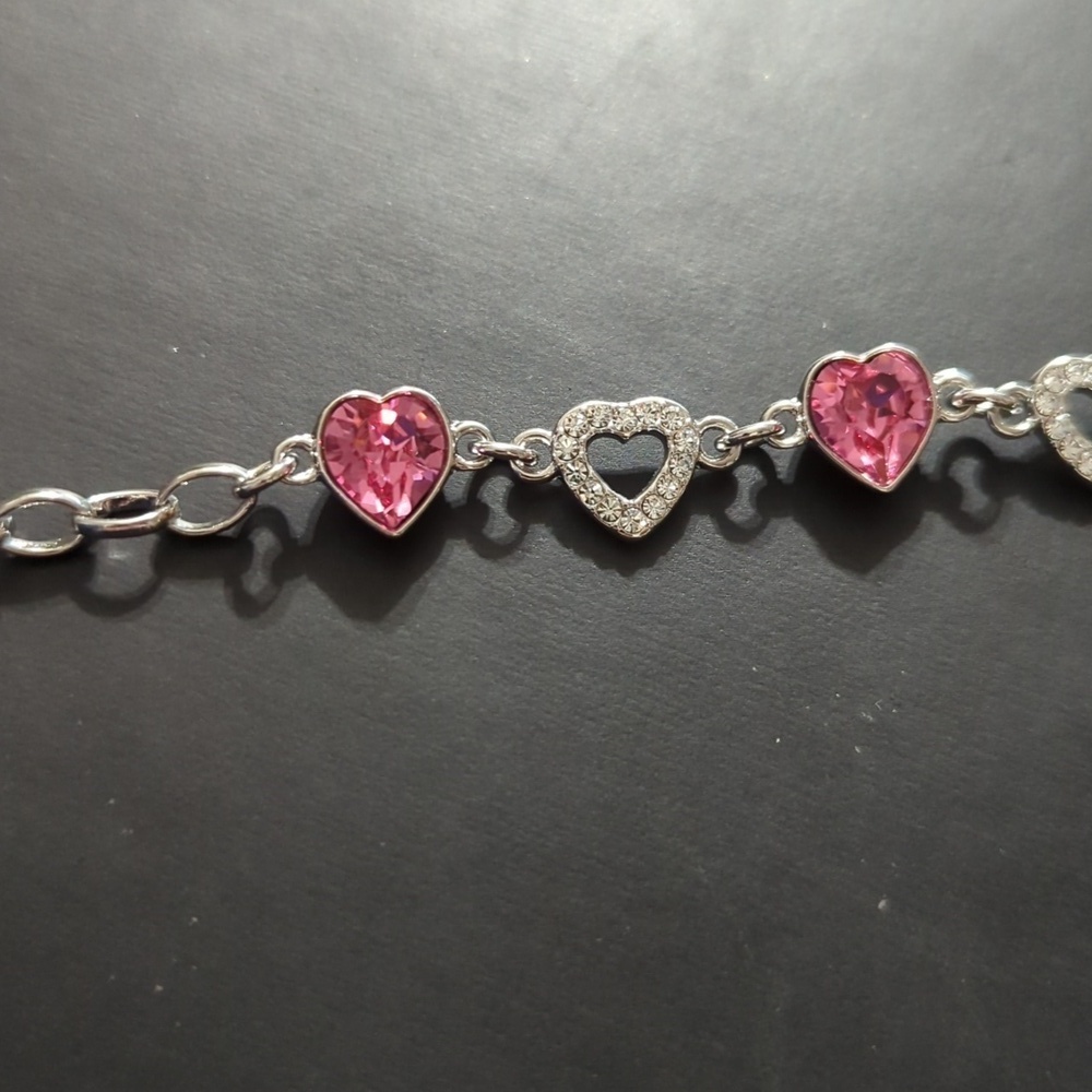 Silver Tone Pink and Clear Rhinestone Heart Shape Statement Bracelet - Picture 3 of 6
